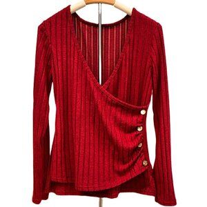 Vintage Deep Red Ribbed Knit Top V-neck Faux Wrap Long Sleeve Blouse Buttons LG